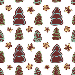 Pattern with trees, Christmas trees.Winter fir tree set . Vintage hand drawn cartoon clipart for Christmas decoration, card, poster, flyer, print and pattern. Vector illustration.