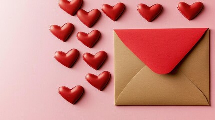 Fototapeta premium abstract-art-style, Creative composition on Saint Valentine day Envelope and paper red hearts for love message on pink background ,space for text,