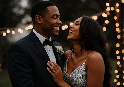 Newlywed couple laughing together under romantic string lights, celebrating their wedding with joy and love - Powered by Adobe
