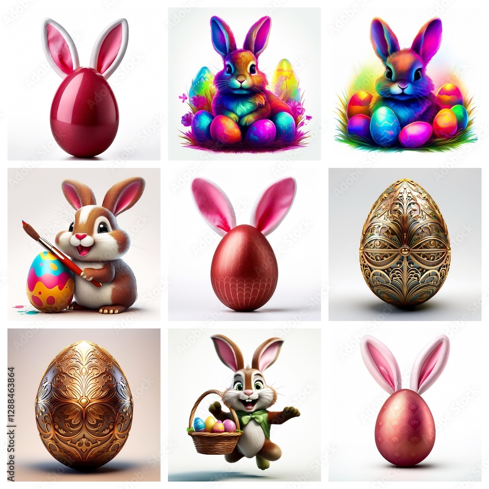 Poster a collection of nine easter themed images, featuring bunny rabbits and decorated eggs. some eggs are