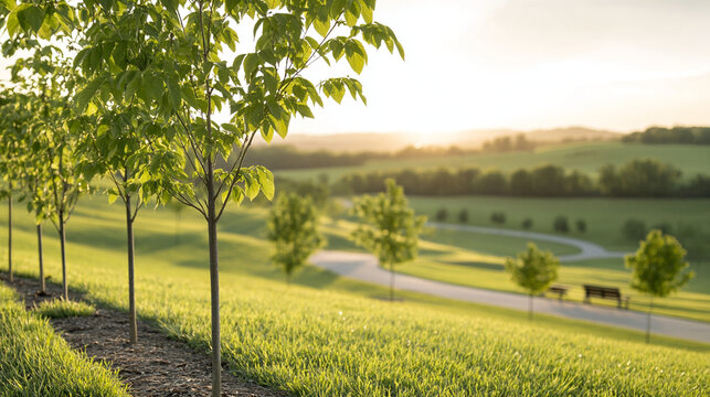Young trees planted in rolling countryside at sunset