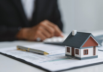 Real estate agent using calculator to calculate the cost of investing in a new property for a client