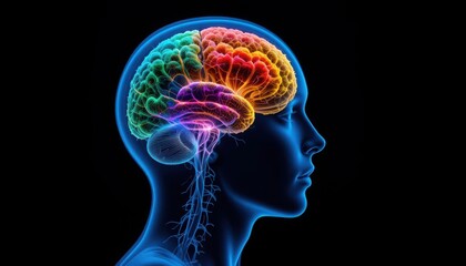 Obraz premium Colorful brain anatomy, profile view, dark background, medical illustration
