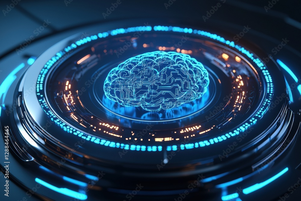 Poster Futuristic hologram showing rotating digital brain and circuitry