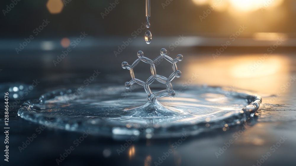 Poster chemical and emotions concept, droplet creating ripples on a surface, reflecting light and forming a
