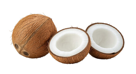 Fresh Coconuts Whole and Halved on Black Background Still Life