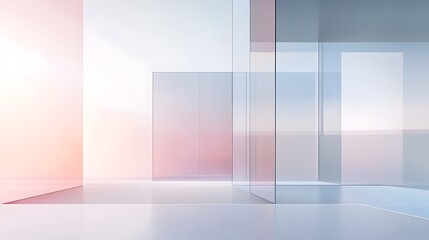Obraz premium Pastel gradient reflections of geometric glass windows creating a serene tranquil and sophisticated ambiance in a minimalist modern architectural interior design concept