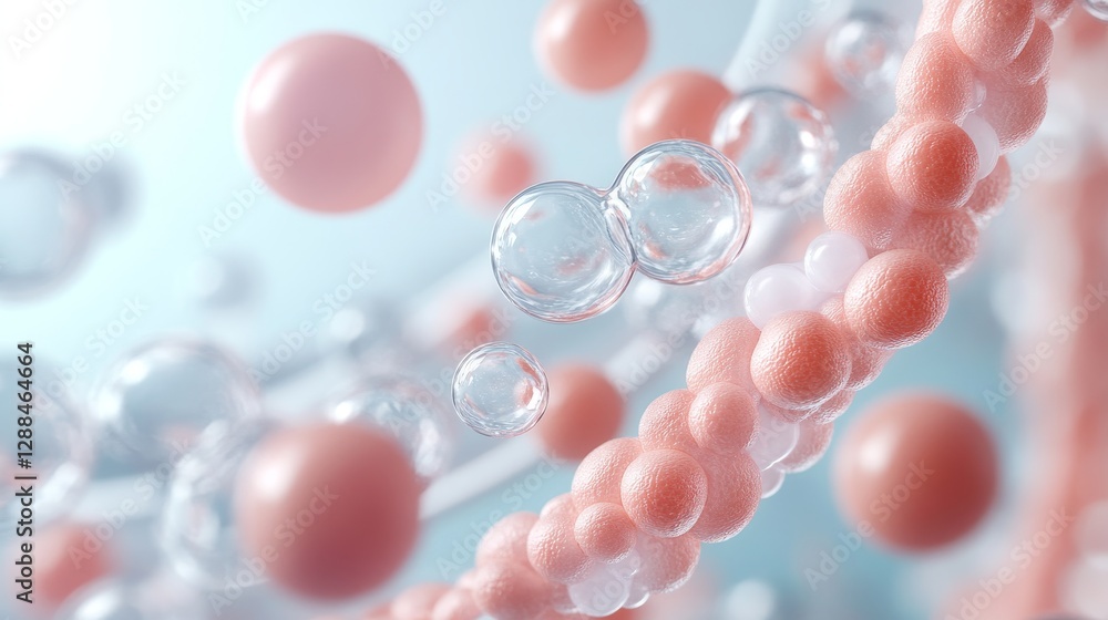 Poster serotonin and hormone concept, abstract representation of molecular structures with pink spheres and