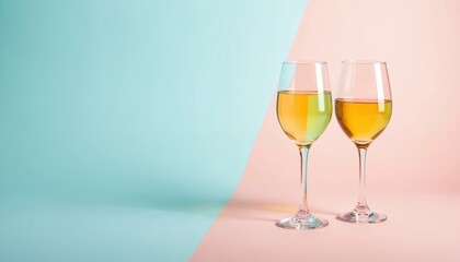 Fototapeta premium Two wine glasses on pastel pink, blue background. Yellow, golden champagne liquid inside glass. Elegant drink, alcohol cocktail. Summer, spring, celebration, party concept. Refreshing beverage for