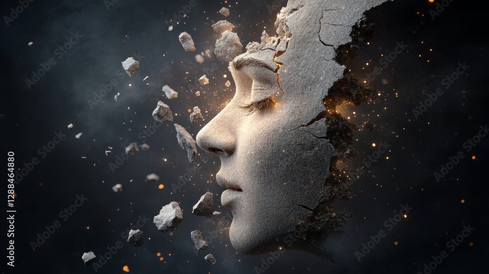 Poster chemical and emotions concept, a fragmented face dissolving into particles against a dark backdrop, 
