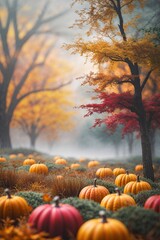 Autumn harvest in a misty pumpkin patch with vibrant trees and warm colors