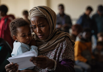 Obraz premium Mother and daughter reading a document with a worried expression in a refugee camp, surrounded by other refugees