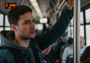 Commuter holding a handrail standing on a crowded bus looking away during his daily commute
