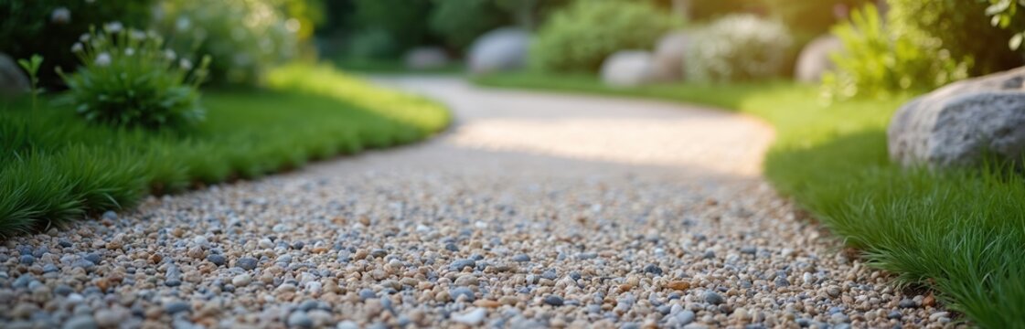 Wide panoramic photo of curved gravel pathway leading through landscaped garden. Curved path flows with calmness, accessibility. Pebble stone surface surrounded by green plants shrubbery. Natural