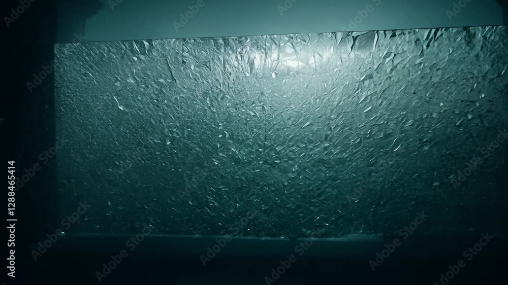Poster zooming out from a detailed view of frosted glass shards to reveal them as part of a larger, dimly l
