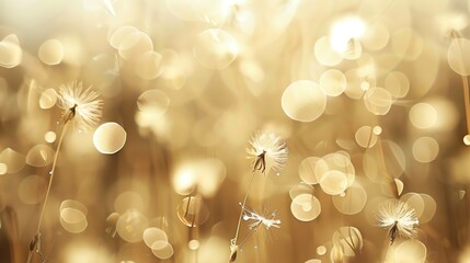 A field of dandelion seed heads in the sunlight.