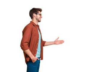 Profile side view portrait of his he nice attractive cheerful cheery successful content brown-haired guy professional shark giving hand shake isolated over beige color pastel background