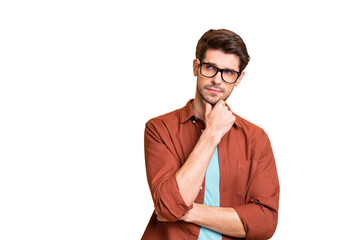 Close-up portrait of his he nice attractive serious focused minded brown-haired guy experienced...
