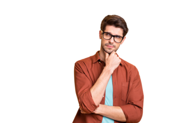 Close-up portrait of his he nice attractive serious focused minded brown-haired guy experienced professional financier economist thinking touching chin isolated over beige color pastel background