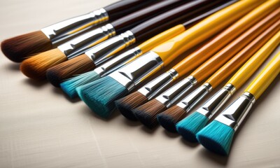 Fototapeta premium Colorful paint brushes lined up for artistic creativity and inspiration