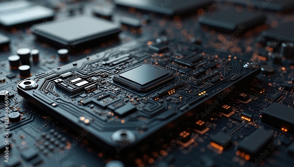 Poster Close-up tech photo intricate motherboard circuit with depth of field. Dark background highlights digital pattern. Electronic components symbolize system, connection, information tech, artificial