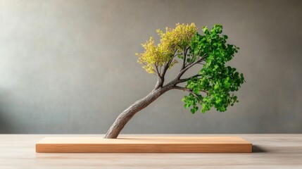 Artistic representation of a tree with varied foliage indoor setting sculpture minimalist environment close-up view nature's beauty