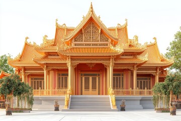 Golden Asian Temple Architecture Ornate Roof Peaceful Exterior Detailed Facade Traditional Design