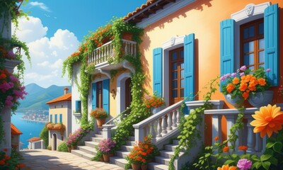 Fototapeta premium Charming mediterranean village with colorful flowers and coastal view