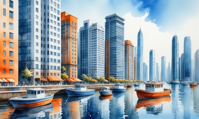 Fototapeta premium Vibrant cityscape with boats and modern architecture reflecting in watercolor style
