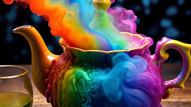 A whimsical teapot pours vibrant rainbow tea into a clear glass cup, creating a colorful swirl and splash against a dark background, evoking a sense of wonder and magic in the atmosphere