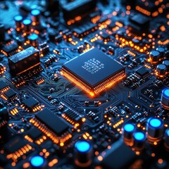Fototapeta premium Close-up view of CPU on a circuit board with bright orange & blue lights