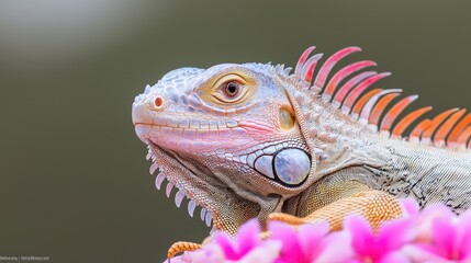 Fototapeta premium Close-up of colorful iguana with pink flowers
