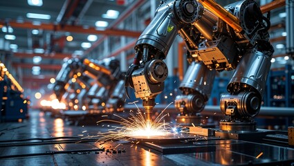 Automation in a modern manufacturing facility with robotic arms performing welding tasks