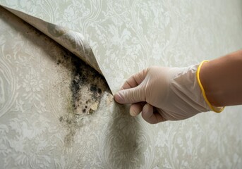 Gloved hand peeling back moldy wallpaper revealing black mold on wall, highlighting home maintenance and health hazards