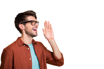 Close-up profile side view portrait of his he nice attractive cheerful cheery successful content brunette guy saying good news isolated over beige color pastel background