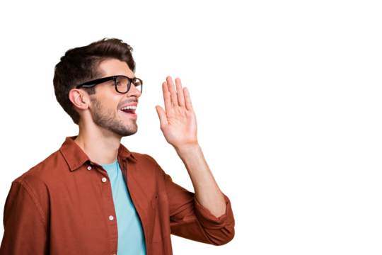 Close-up profile side view portrait of his he nice attractive cheerful cheery successful content brunette guy saying good news isolated over beige color pastel background