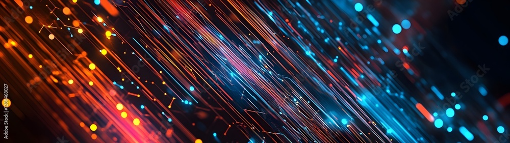 Poster Radiant abstract motion blur of colorful lights energy streaks and digital patterns in a futuristic techno inspired background  The image features a dynamic and mesmerizing array of vibrant