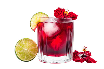 Refreshing Red Beverage with Lime Garnish and Hibiscus Flowers