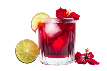 Refreshing Red Beverage with Lime Garnish and Hibiscus Flowers