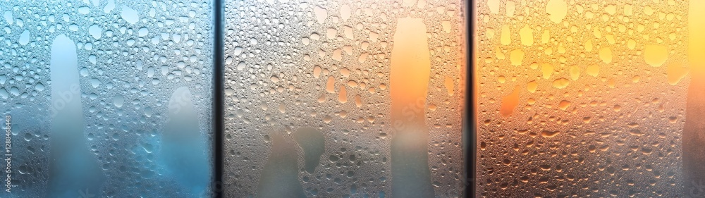 Poster radiant glass window with delicate water droplets capturing the warm ethereal glow of soft sunlight 