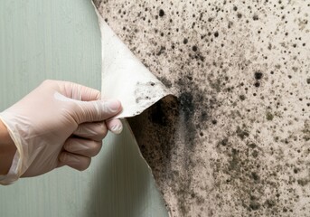 Gloved hand peeling off moldy wallpaper, revealing toxic black mold growing underneath, indicating a serious moisture problem