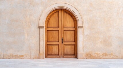Fototapeta premium A wooden arched door mounted on a textured wall, offering an inviting entrance with a warm, natural appearance.