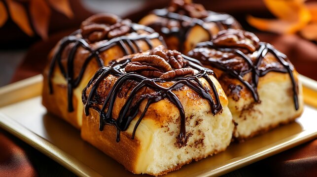 Chocolate Drizzled Cinnamon Rolls Topped with Pecan Halves / ペカンの半割りをのせたチョコレートドリズルのシナモンロール