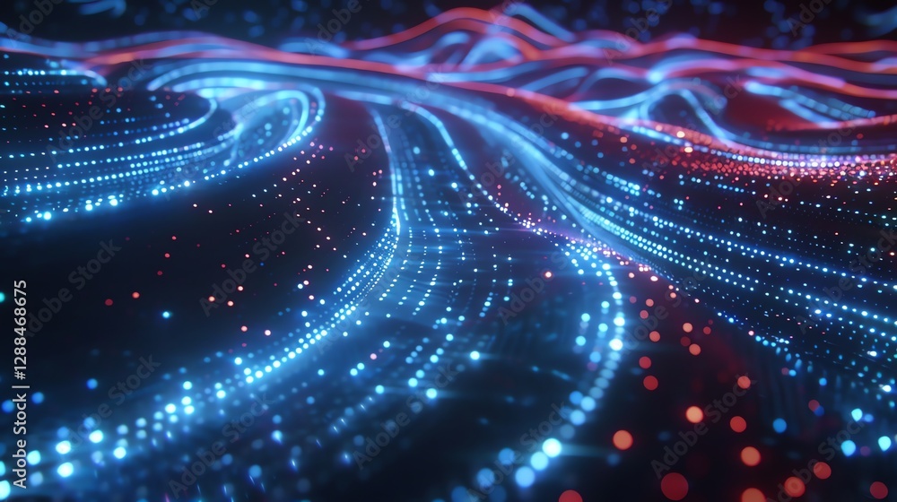 Poster an abstract, 3d rendering of glowing blue and red lines forming a wavy pattern.