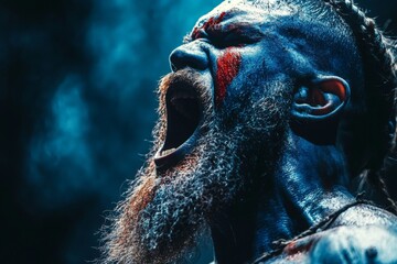 Intense warrior expressing fierce emotion with painted face in dramatic lighting during a cultural event