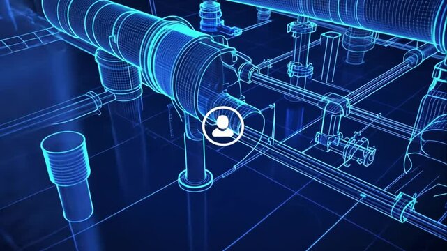 Blue glowing wireframe model of industrial pipelines and machinery.
