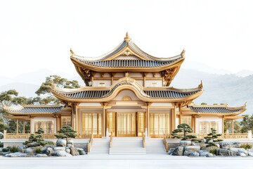 Fototapeta premium Majestic Golden Asian Temple Architecture Serene Mountain Landscape Peaceful Garden