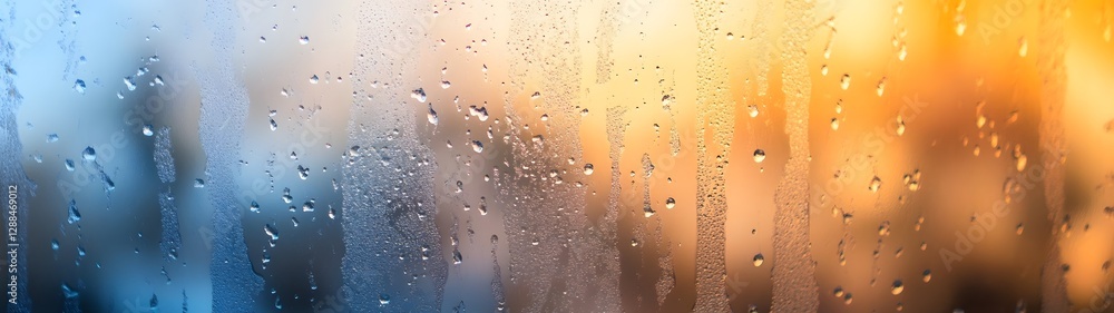 Poster rainy autumn day seen through a wet window pane with water droplets and a blurred hazy landscape in 