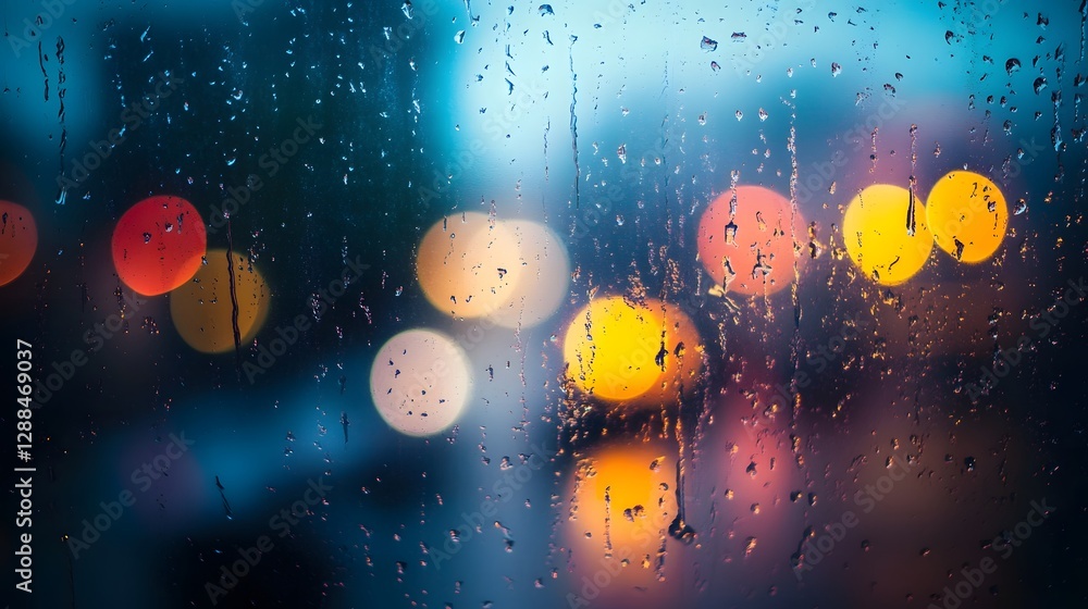 Aufkleber rainy city night scene viewed through wet glass window with blurred bokeh lights and abstract textur