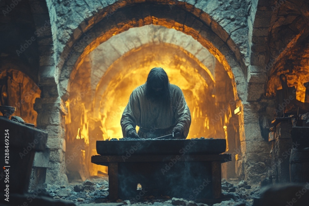 Poster Blacksmiths forge weapons in a medieval workshop illuminated by flames and ancient stone architecture